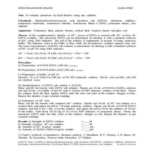To estimate aluminium by back titration using zinc sulphate