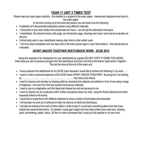 APART AND/OR TOGETHER GCSE ART AND DESIGN 2015