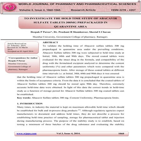 To investigate the hold time study of abacavir