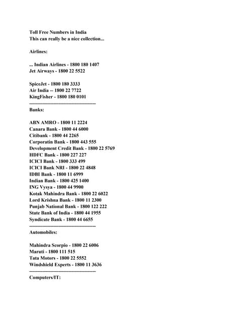 Indian toll free no PDF
