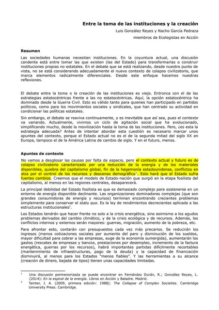 Tomar o crear las instituciones (corto). Lecturas recomendadas. Luis González...