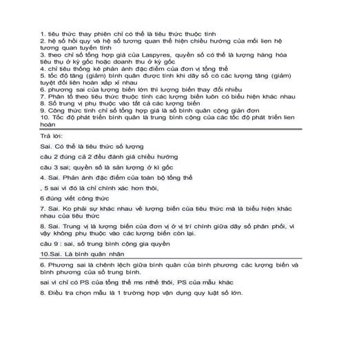 Câu hỏi Đúng/Sai Nguyên Lý Thống Kê