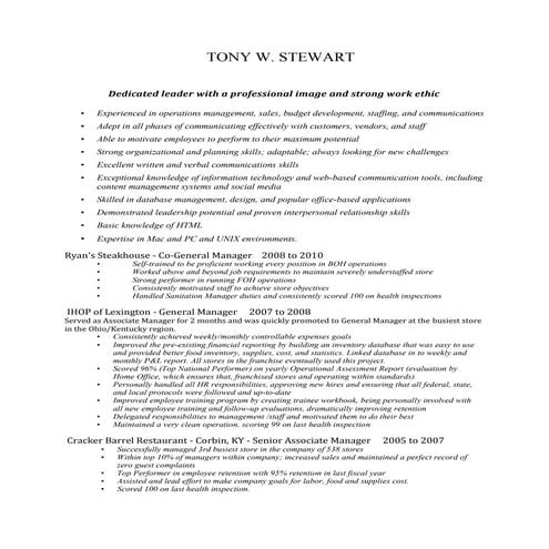 Tony Stewart Resume Oct 2010
