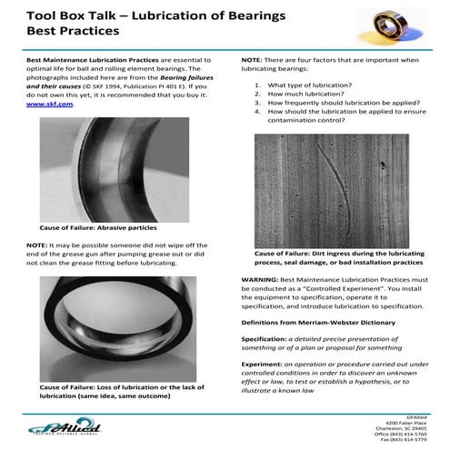 Tool Box Talk - Lubrication of Bearings
