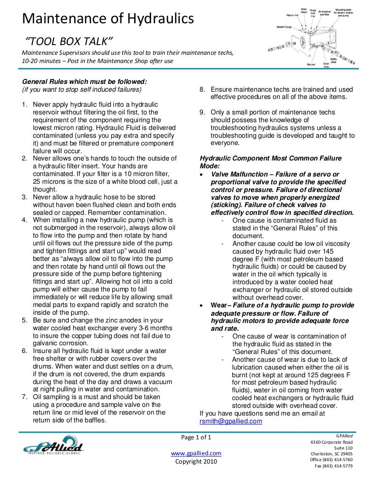 Tool Box Talk Maintenance of Hydraulics