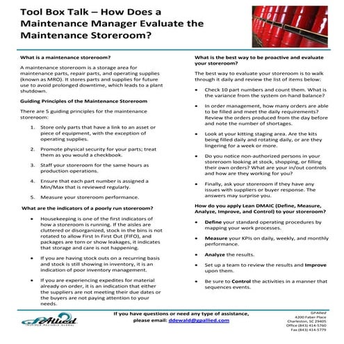 Tool Box Talk-How To Evaluate Your Storeroom