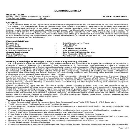 Tool room & engineering manager