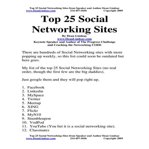 Top 25 Social Networking Sites 2009 by Dean Lindsay Author and Keynote Sales ...