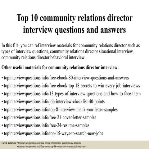 Top 10 community relations director interview questions and answers | PPT
