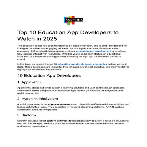 Top 10 Education App Developers watch in 2025 | PDF