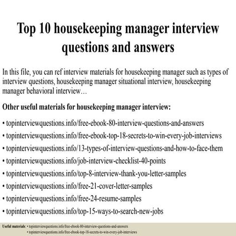 Top 10 housekeeping manager interview questions and answers | PPTX
