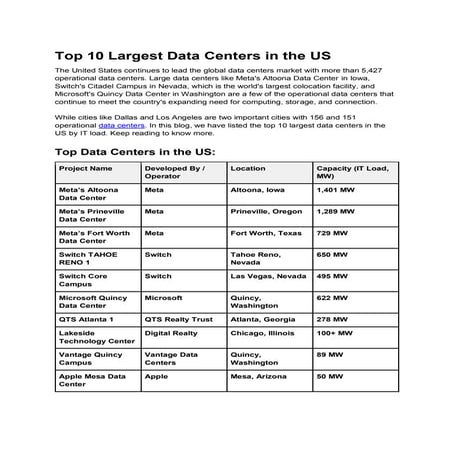 Top 10 Biggest Data Centers in the World (2026) | PDF