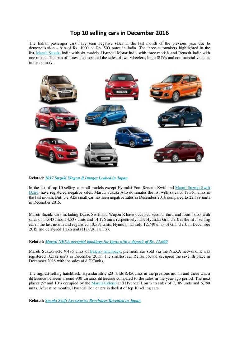 Top 10 selling cars in december 2016