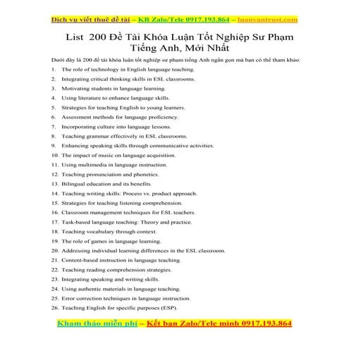 Top 200 Đề Tài Khóa Luận Tốt Nghiệp Sư Phạm Tiếng Anh, Mới Nhất.docx