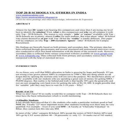 Top 20 B schools vs. Other Schools in India: A Critical Analysis