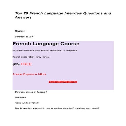 Top 20 French Language Interview Questions and Answers | PDF