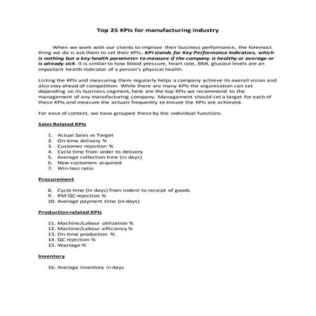 Important KPIs for Manufacturing Industry | PDF