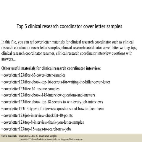 Top 5 clinical research coordinator cover letter samples