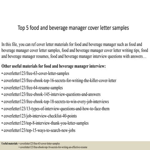 Top 5 food and beverage manager cover letter samples | PPTX