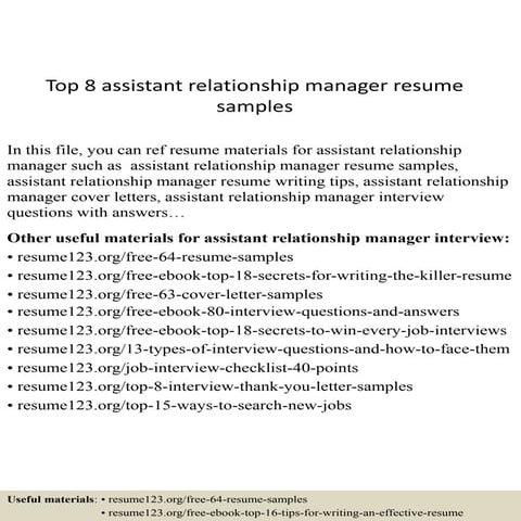 Top 8 assistant relationship manager resume samples
