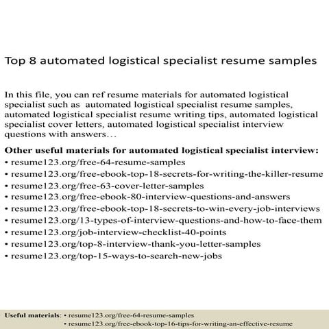 Top 8 logistics specialist resume samples | PPTX