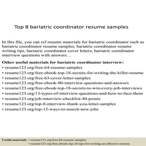 Top 8 bariatric coordinator resume samples