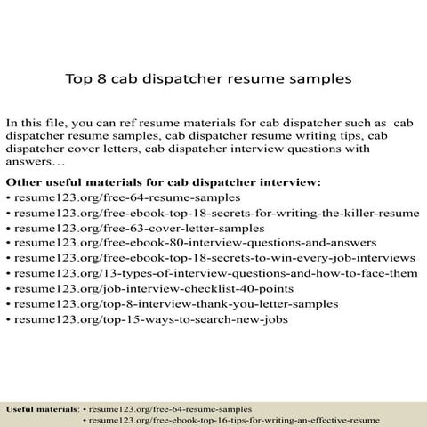 Top 8 cab dispatcher resume samples