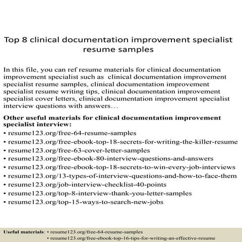 Top 8 clinical documentation improvement specialist resume samples | PPTX