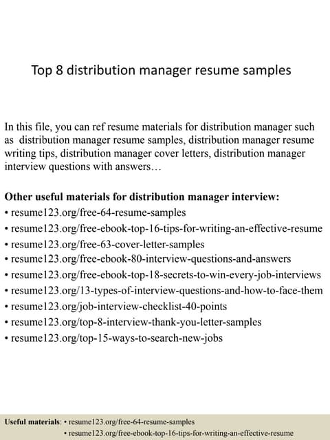 top 8 distribution supervisor resume samples distribution manager resume