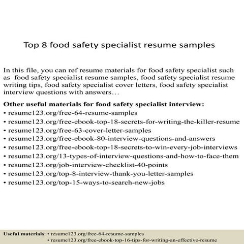 Top 8 food safety specialist resume samples | PPTX