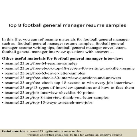 Top 8 football general manager resume samples | PPTX