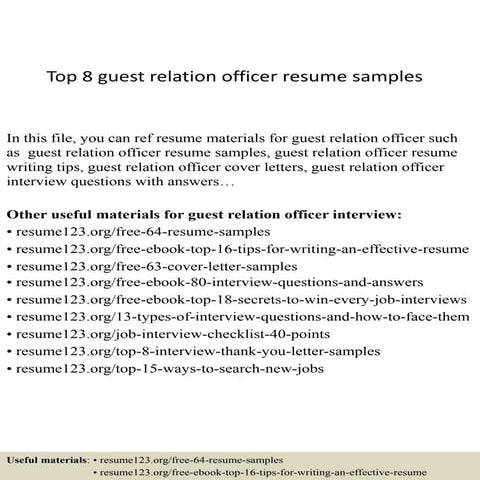 Top 8 guest relation officer resume samples