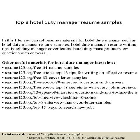 Top 8 hotel duty manager resume samples