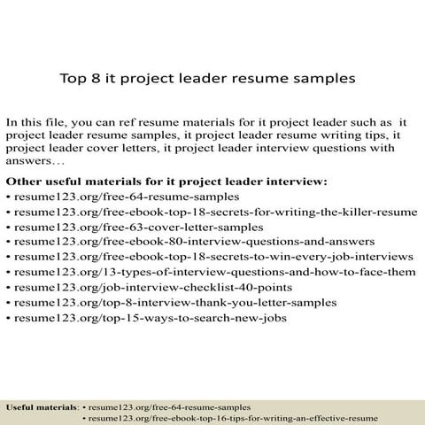 Top 8 it project leader resume samples