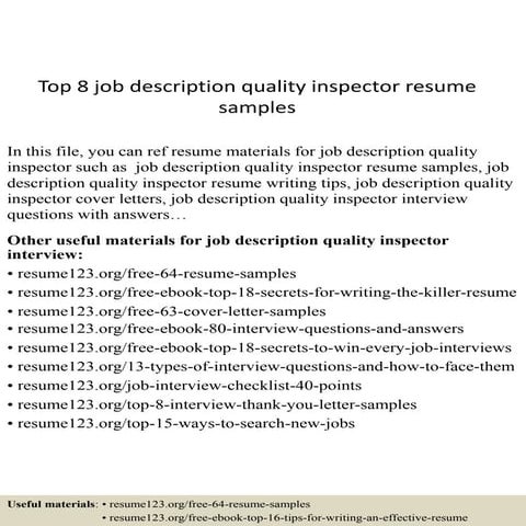 Top 8 job description quality inspector resume samples | PDF