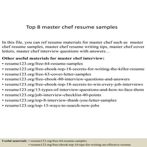Top 8 master chef resume samples | PPTX