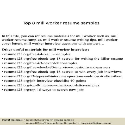 Top 8 mill worker resume samples