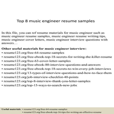 Top 8 music engineer resume samples