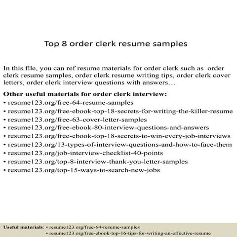 Top 8 order clerk resume samples