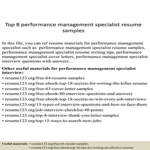 Top 8 performance management specialist resume samples