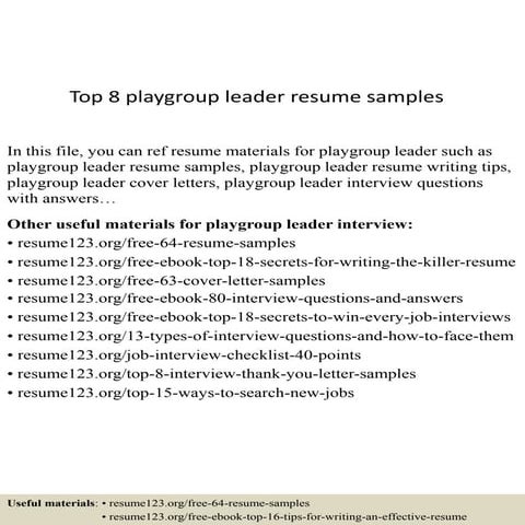 Top 8 playgroup leader resume samples