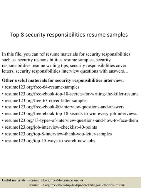 Top 8 security responsibilities resume samples