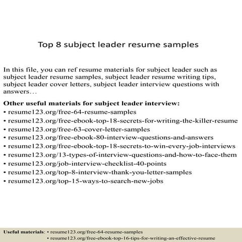 Top 8 subject leader resume samples