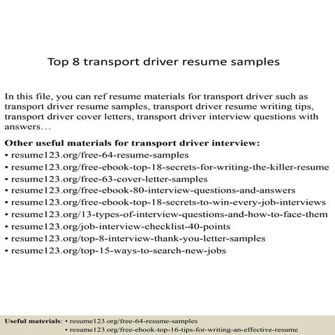 Top 8 transport driver resume samples | PPTX