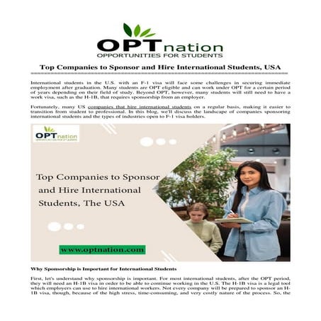 Top Companies to sponsor and hire International students, the U.S