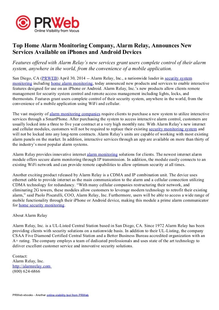 Top Home Alarm Monitoring Company, Alarm Relay, Announces ...
