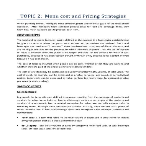 TOPIC 2:  Menu cost and Pricing Strategies