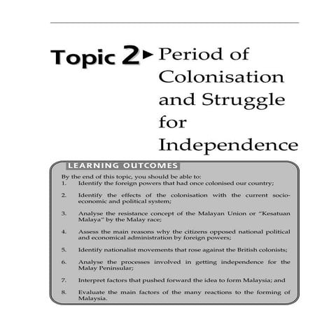 Topic 2 period of colonisation and struggle for independence | PDF