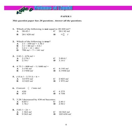 Topic 9   volume of liquid