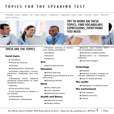 Topics for the speaking test, ESOL, LEVEL B2.